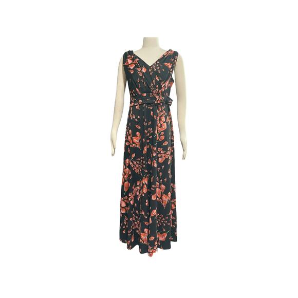 70s Black & Pink Polyester Maxi Hostess Calla Lily Floral Print Dress Vtg Sz 18 - Picture 1 of 9